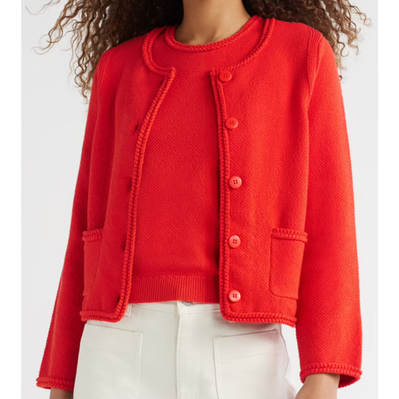 Free Assembly Womens Crochet Trim Cardigan Sweater Long Sleeves Red Alert Sz M - Picture 1 of 7